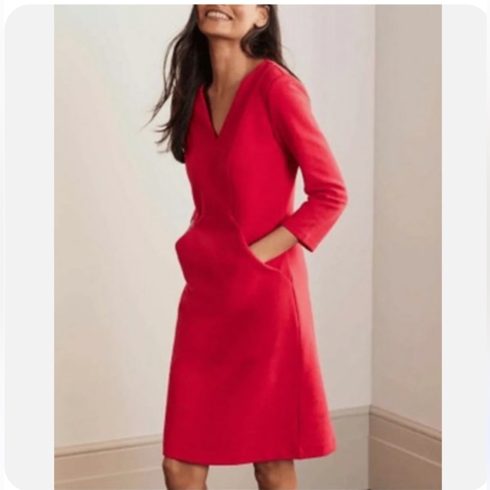 Boden Ottoman Ribbed Texture Red Long Sleeve Dress Pockets Holiday Christmas